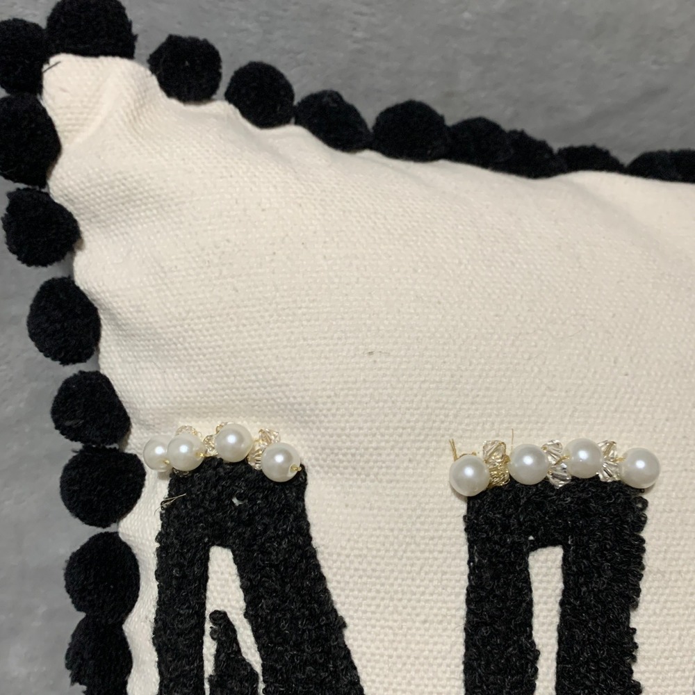 Holiday Noel Pillow Black White Pom Pom Pearl Embellished Throw Pillow Christmas - Picture 2 of 12